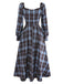 Blue Grey 1940s Plaid Sweetheart Neck Brushed Dress - vintage dress, retro fashion