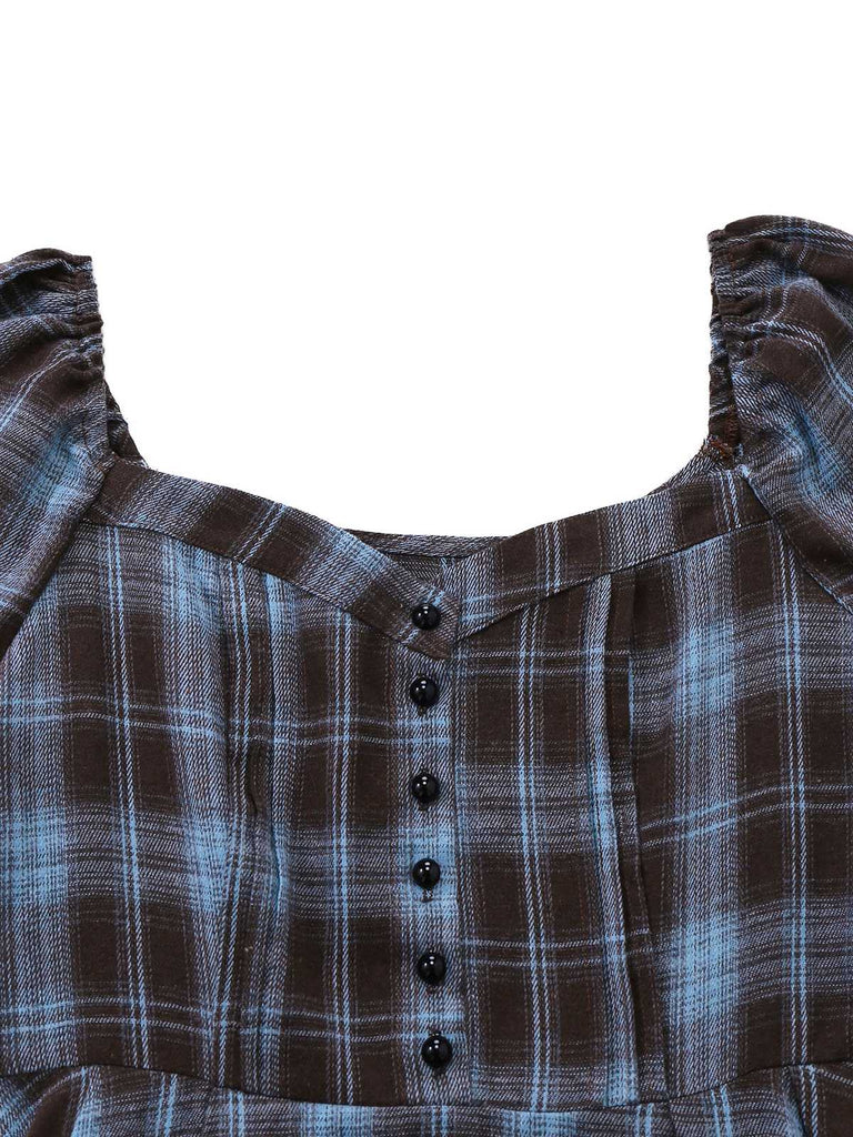 Blue Grey 1940s Plaid Sweetheart Neck Brushed Dress - vintage dress, retro fashion