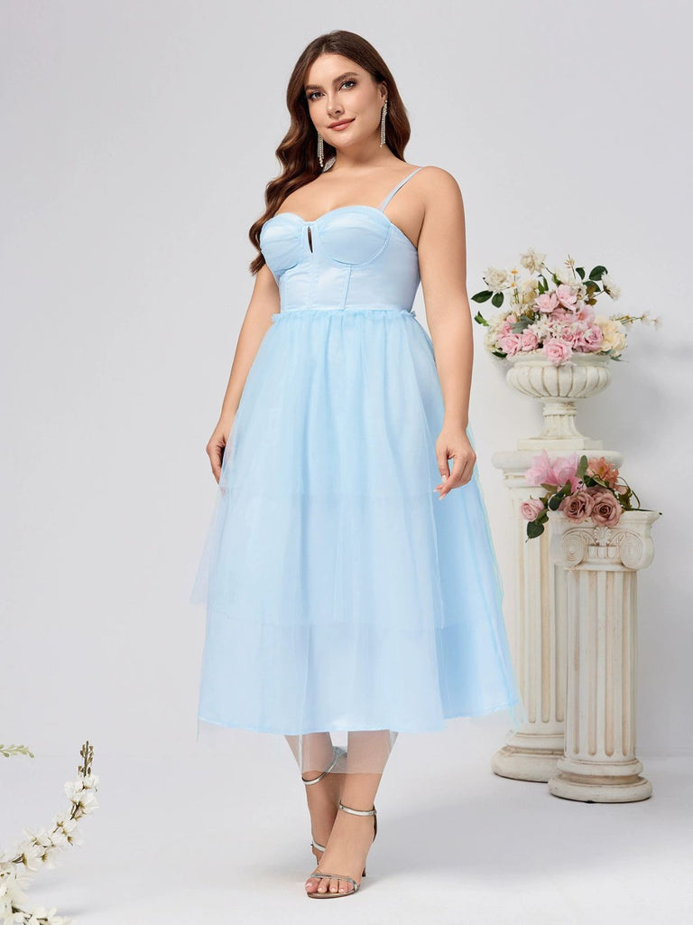 Plus Size] Blue 1940s Layered Spaghetti Strap Wedding Guest Dress