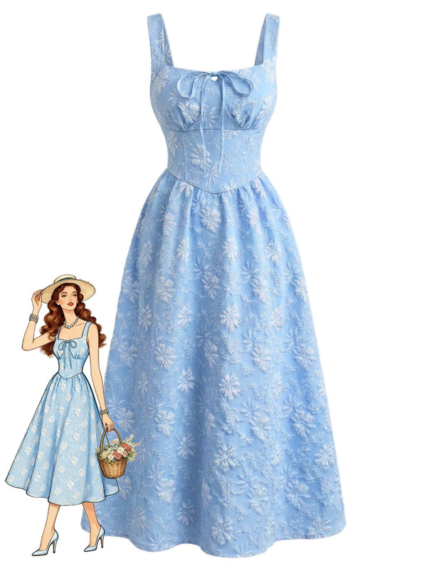 Blue 1940s Square Neck Empire Waist Jacquard Smocked Dress | Retro Stage