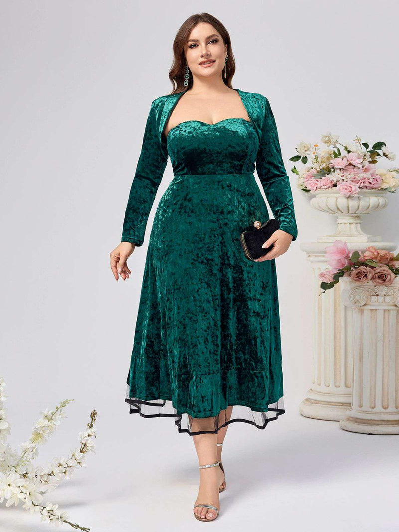 emerald green velvet dress plus size [Plus Size] 2PCS 1940s Sweetheart Mesh & Coat 5% Spandex Color:Honey Gold lil cactus Dress to Impress: This