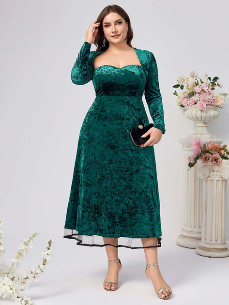 Plus Size] 2PCS Green 1940s Velvet Sweetheart Mesh Dress & Coat