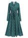 Dark Green 1940s Ruffled Neck Long Sleeve Belted Dress - vintage dress, retro fashion