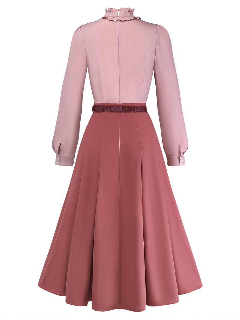 Retro Stage Keyhole Ruffle Trim Midi Tea Dress | Fit&Flare Dress | Cotton | Dusty Pink