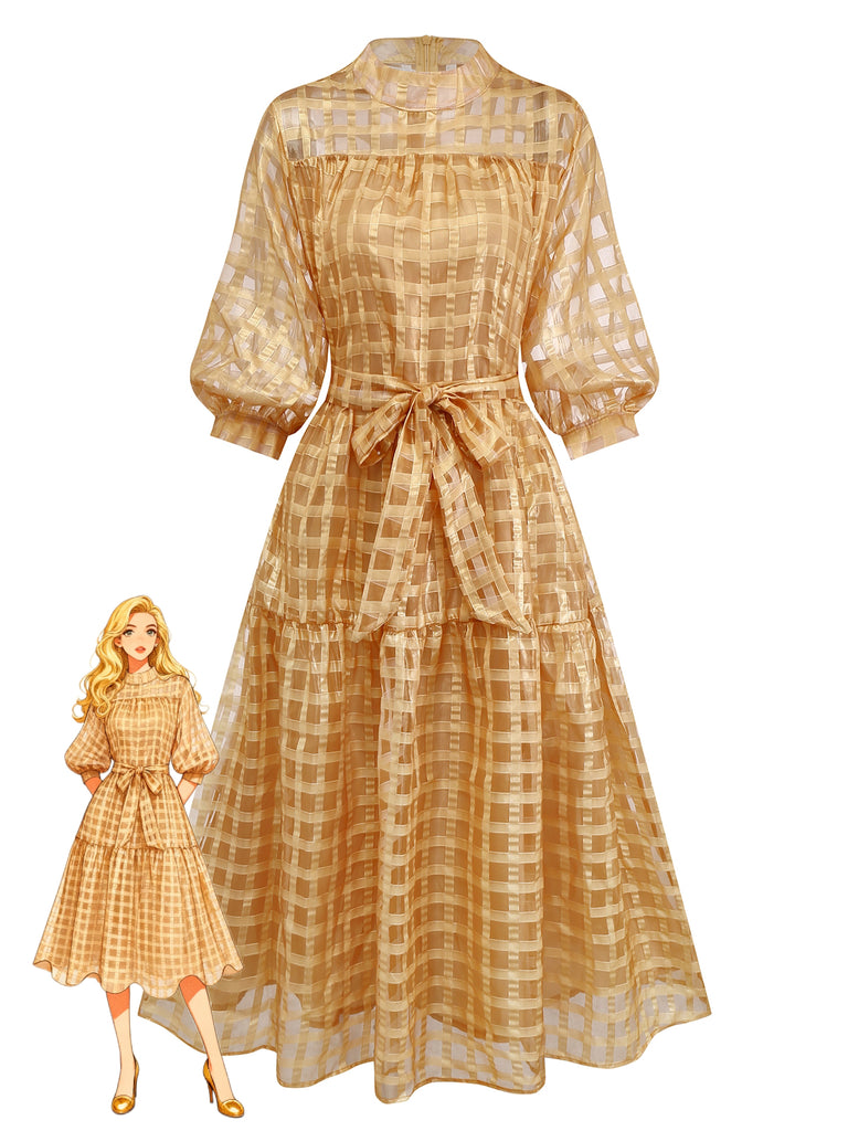 Gold 1940s Sheer Grid Puff-Sleeve Belted Midi Party Dress - vintage dress, retro fashion, glamorous gold