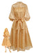 Gold 1940s Sheer Grid Puff-Sleeve Belted Midi Party Dress - vintage dress, retro fashion, glamorous gold