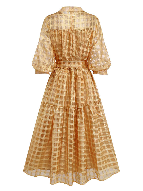 sheer midi party dresses Gold Dress | Sheer Grid Puff-Sleeve Belted Midi Dress