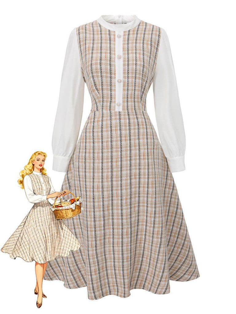 Khaki 1940s Vintage Style Patchwork Long Sleeve Dress | Retro Stage Khaki 1940s Vintage Style Patchwork Long Sleeve Dress | Retro Stage