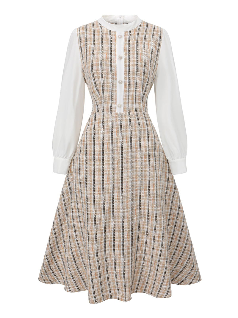 Khaki 1940s Vintage Style Patchwork Long Sleeve Dress