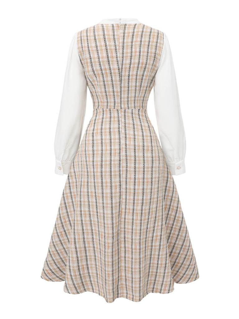 Khaki 1940s Vintage Style Patchwork Long Sleeve Dress | Retro Stage Khaki 1940s Vintage Style Patchwork Long Sleeve Dress | Retro Stage