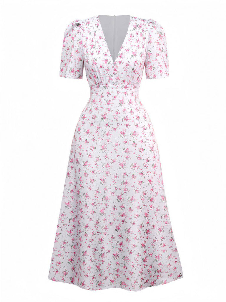 Lavender 1940s Ditsy Floral V-Neck Puff Sleeve Dress - vintage dress, retro fashion