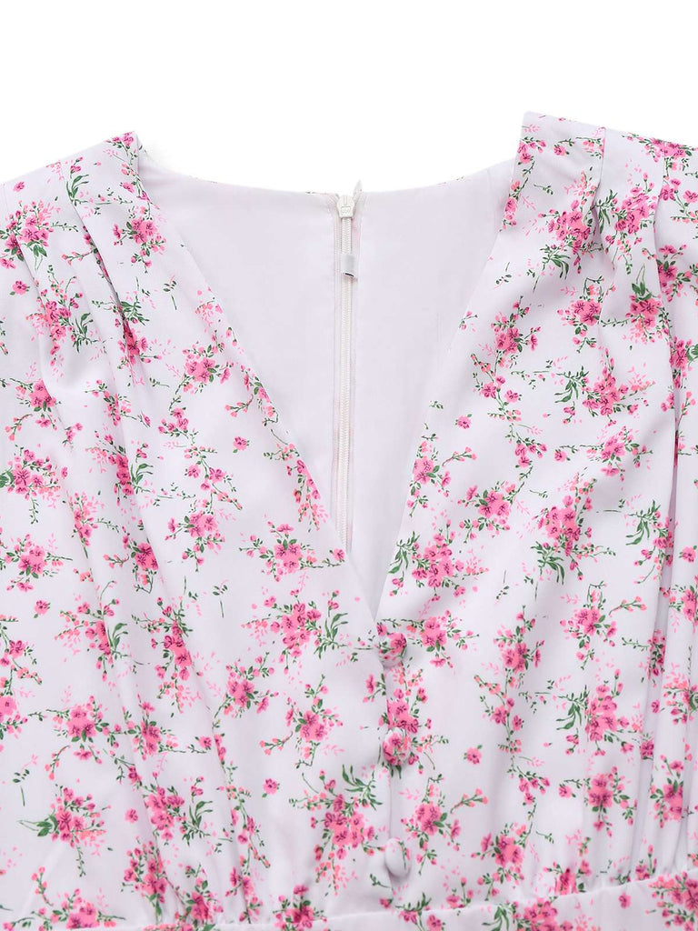 Lavender 1940s Ditsy Floral V-Neck Puff Sleeve Dress - vintage dress, retro fashion