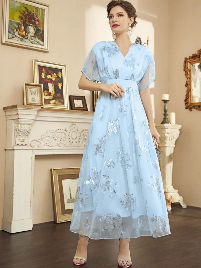 Light Blue 1940s Foil Stamping Mesh Patchwork Dress - vintage dress, retro fashion