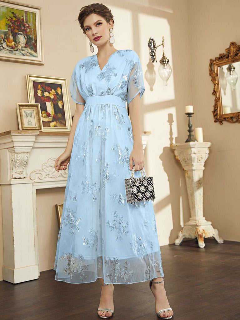 Light Blue 1940s Foil Stamping Mesh Patchwork Dress - vintage dress, retro fashion