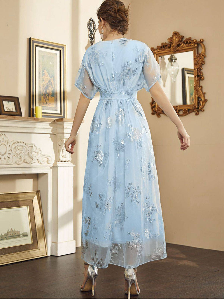 Light Blue 1940s Foil Stamping Mesh Patchwork Dress - vintage dress, retro fashion