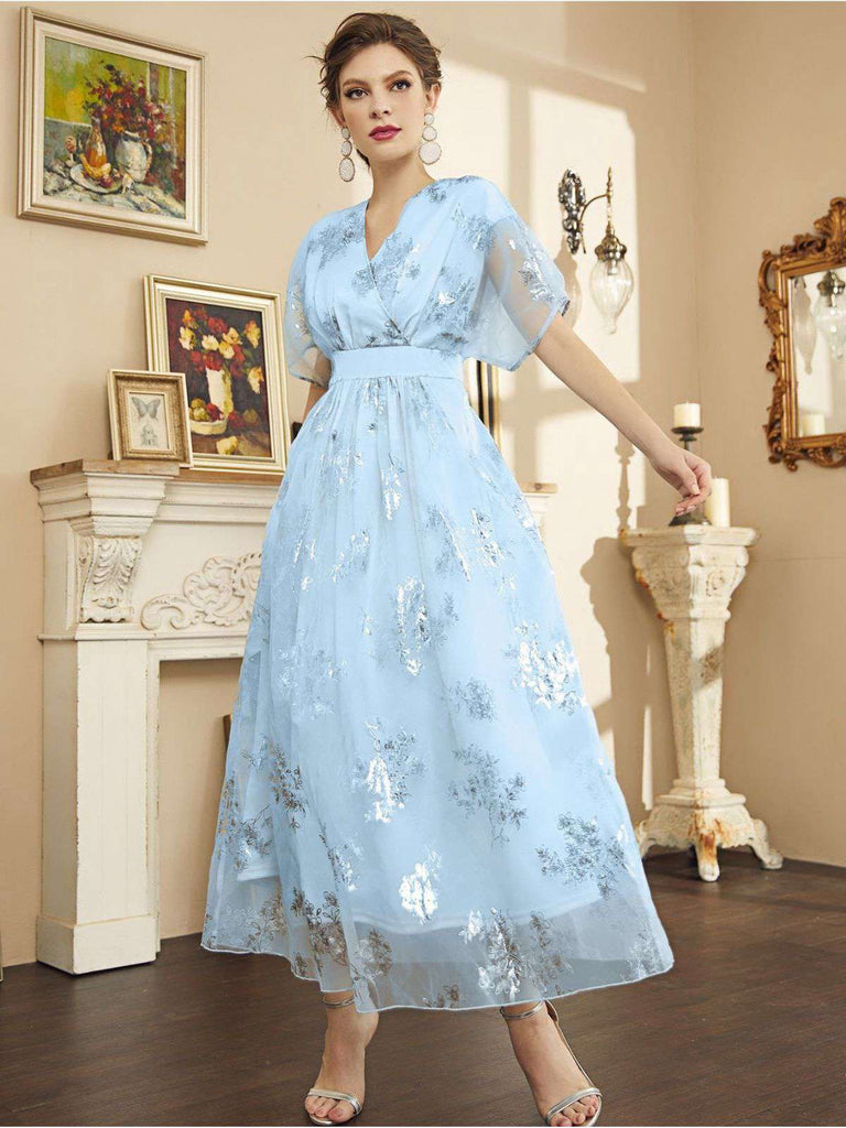 Light Blue 1940s Foil Stamping Mesh Patchwork Dress Light Blue 1940s Foil Stamping Mesh Patchwork Dress