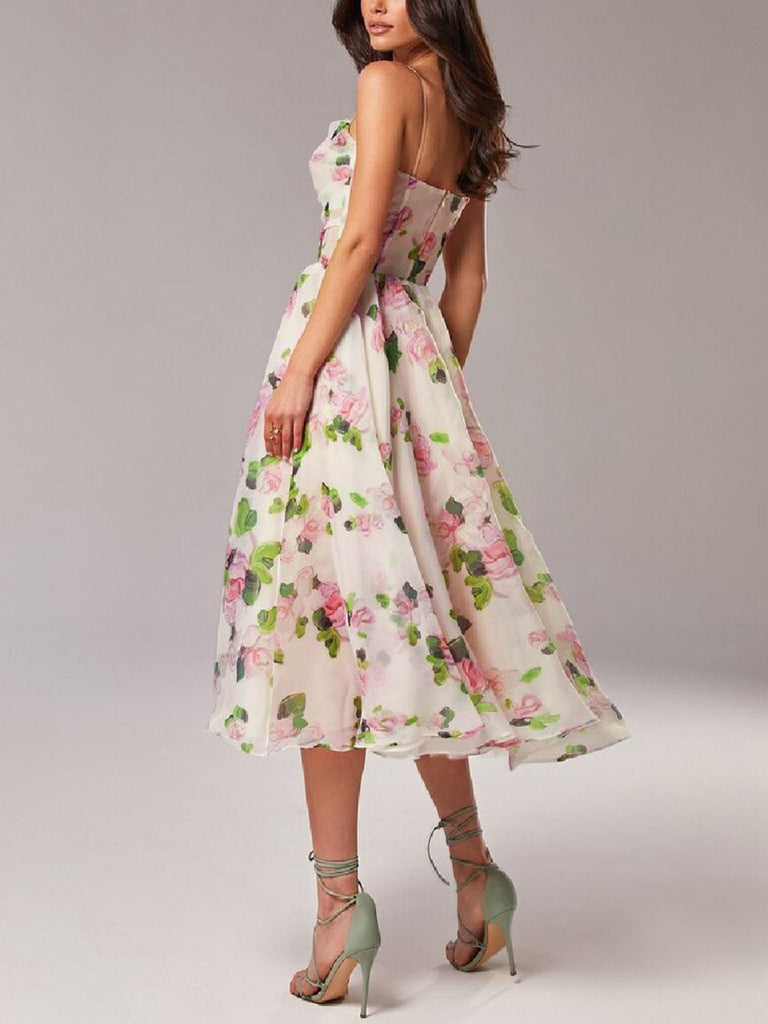 open lace back dress Wedding Guest Dresses for Women Bandeau Chiffon Floral Princess Dress Sleeveless Tube Tops Midi Swing Dress