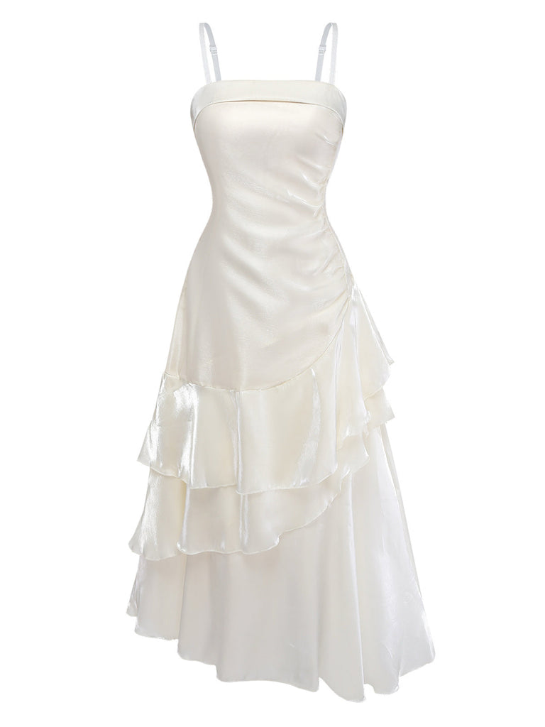 White 1940s Satin Tiered Spaghetti Strap Ruched Dress - vintage dress, retro fashion, elegant red