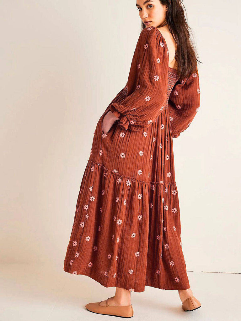 1940s Embroidered Floral Lantern Sleeve Dress - vintage dress, retro fashion, elegant red