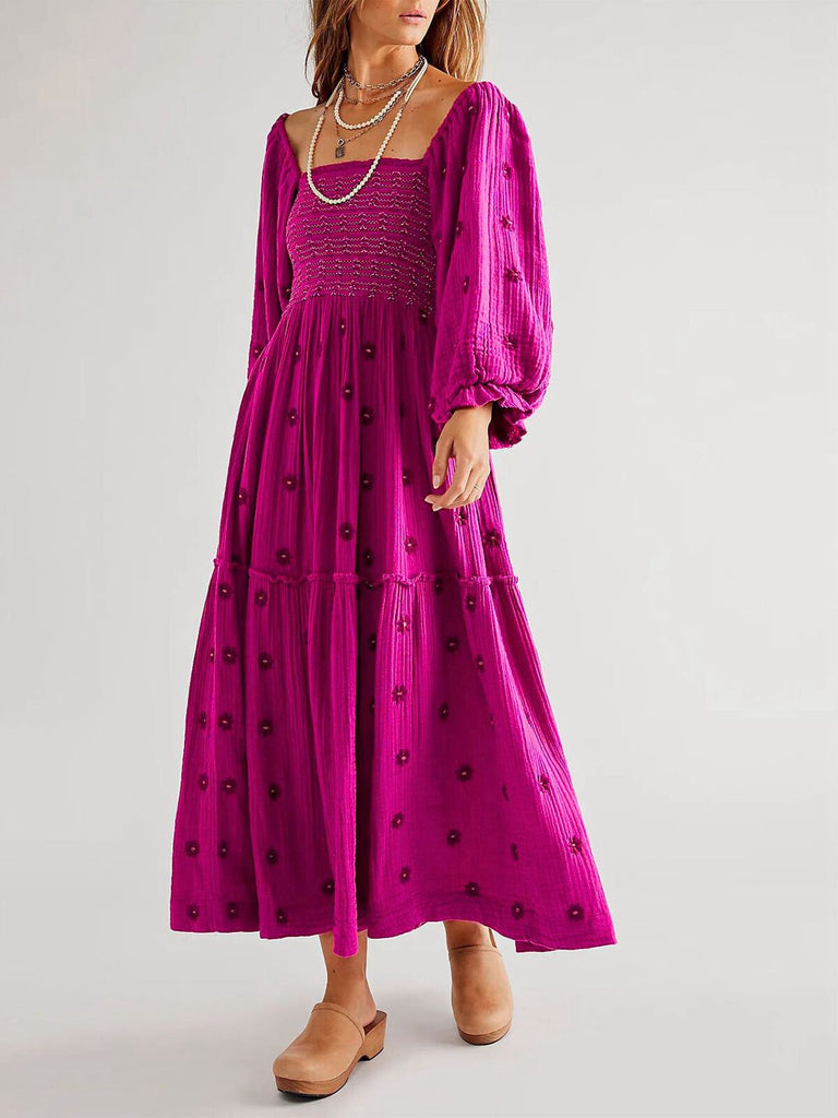 1940s Embroidered Floral Lantern Sleeve Dress - vintage dress, retro fashion, elegant red