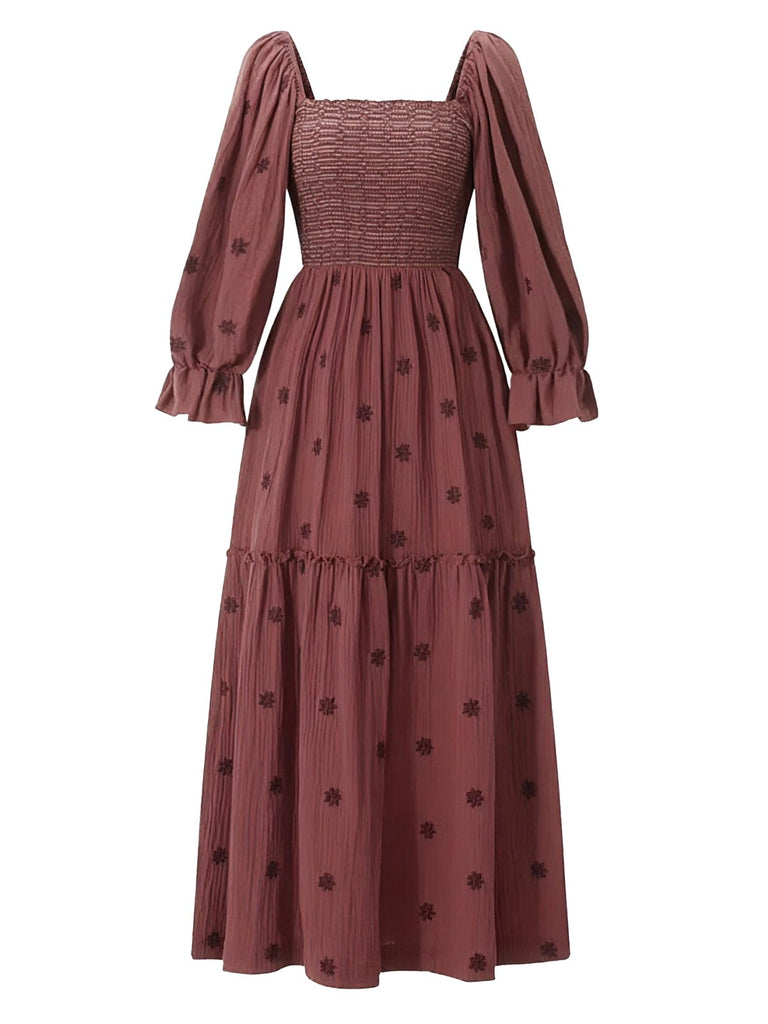 1940s Embroidered Floral Lantern Sleeve Dress - vintage dress, retro fashion, elegant red