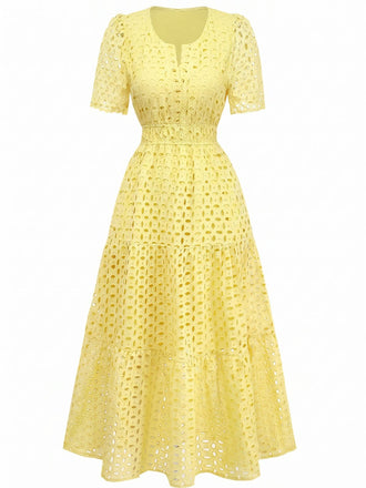Yellow 1940s Eyelet Lace V-neck Tiered Maxi Dress, vintage dress, retro fashion, elegant, bohemian style, women, elegant