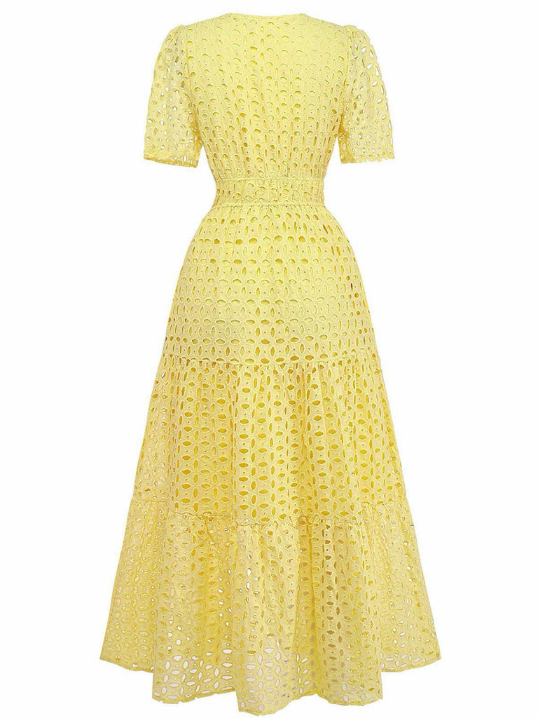 Yellow 1940s Eyelet Lace V-neck Tiered Maxi Dress | Retro Stage
