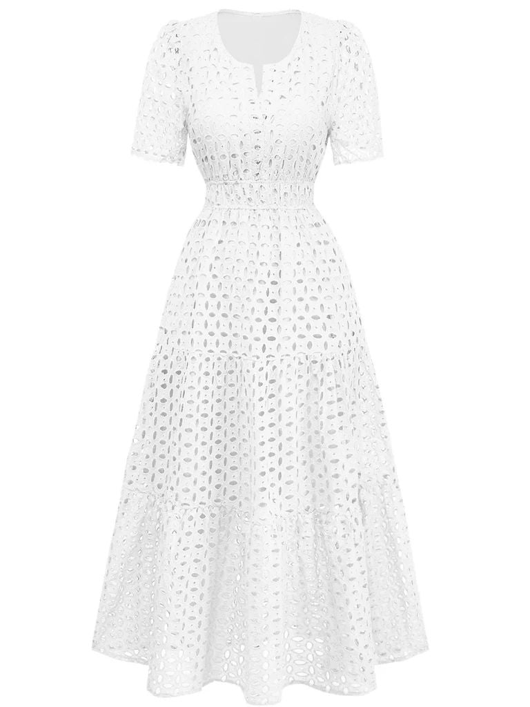 Vintage Lace V-neck Cut-out Maxi Dress Housewife Dress for Daily Casual Picnic