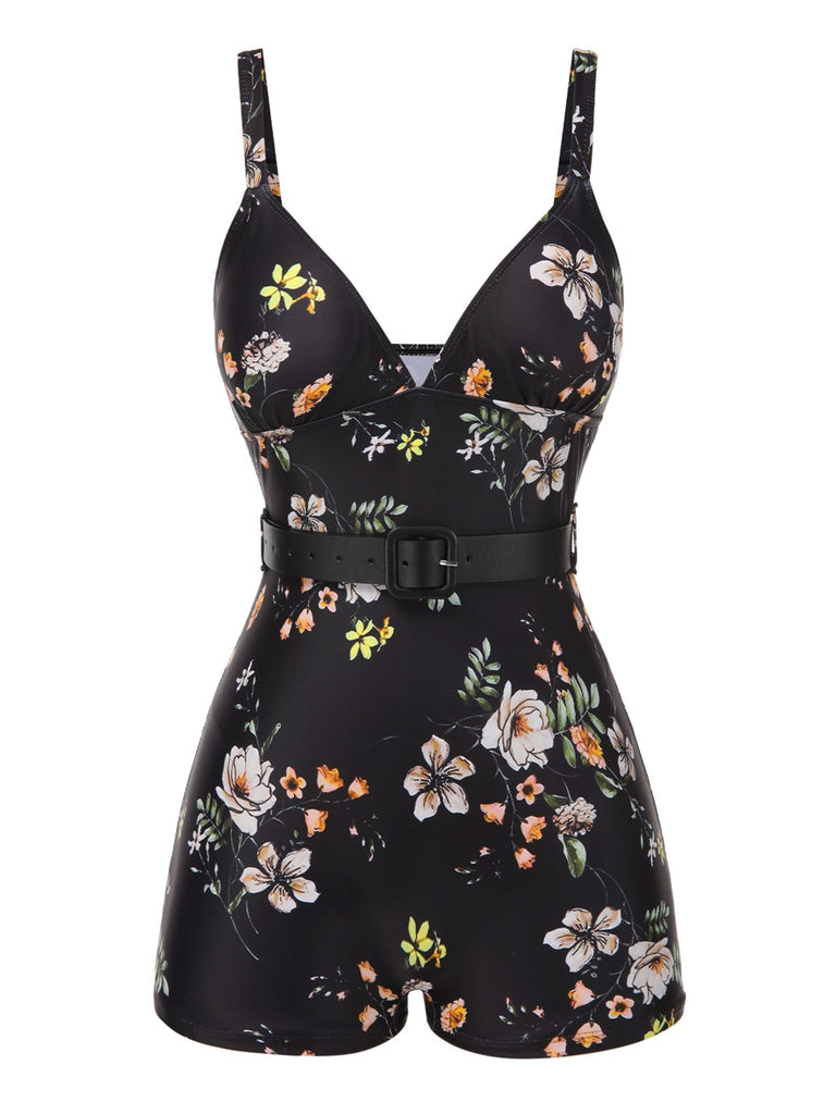1940s Floral Boxer Straps Swimsuit: 1940s Riviera elegance, reimagined for her