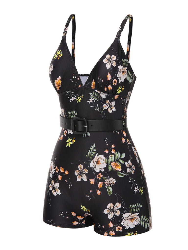 This 1940s Floral Boxer Straps Swimsuit carries 1940s vacation dreams in every stitch