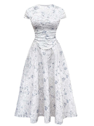 1940s Floral Crinkle-Jacquard Waistband Dress - vintage dress, retro fashion