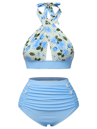 This 1940s Floral Cross Halter Swimsuit carries 1940s vacation dreams in every stitch
