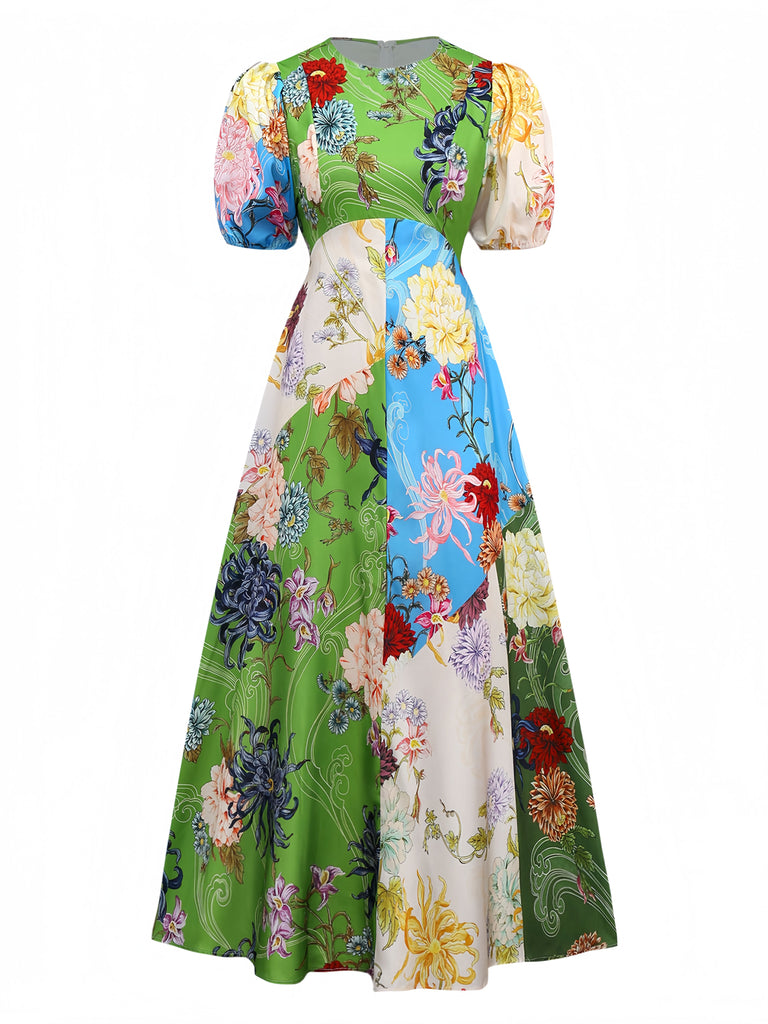 1940s Floral Doodle Puff Sleeve Dress Retro Stage 1940s Floral Doodle Puff Sleeve Dress Retro Stage