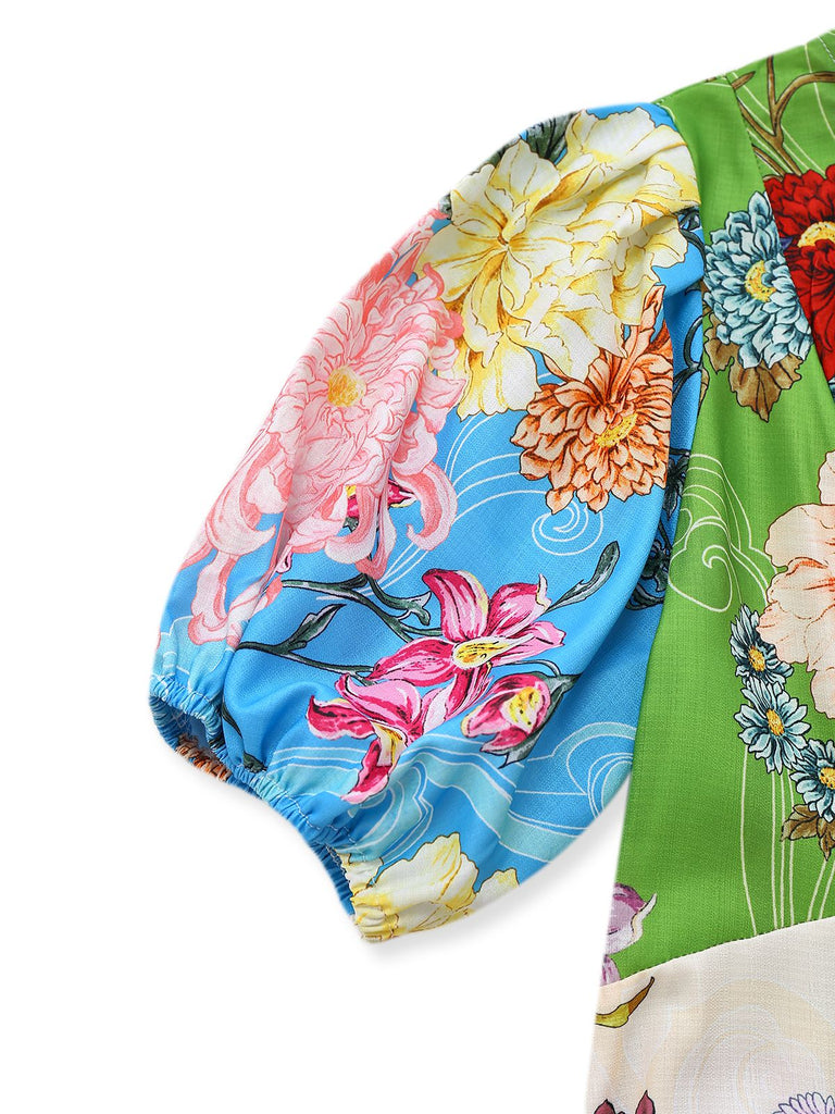 1940s Floral Doodle Puff Sleeve Dress - vintage dress, retro fashion
