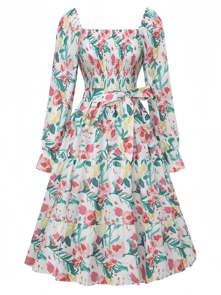1940s Floral Lace-Up Square Neck Bell Sleeve Dress - vintage dress, retro fashion