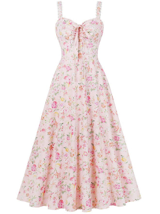1940s Floral Lace-Up Wide Strap Dress - vintage dress, retro fashion
