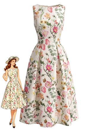 1940s Floral Print Sleeveless A-Line Dress