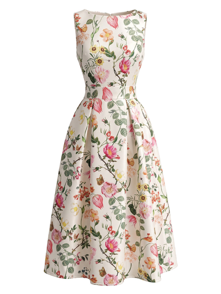 boat neck a line dress 1940s Floral Print Boat Neck Sleeveless A-Line Dress