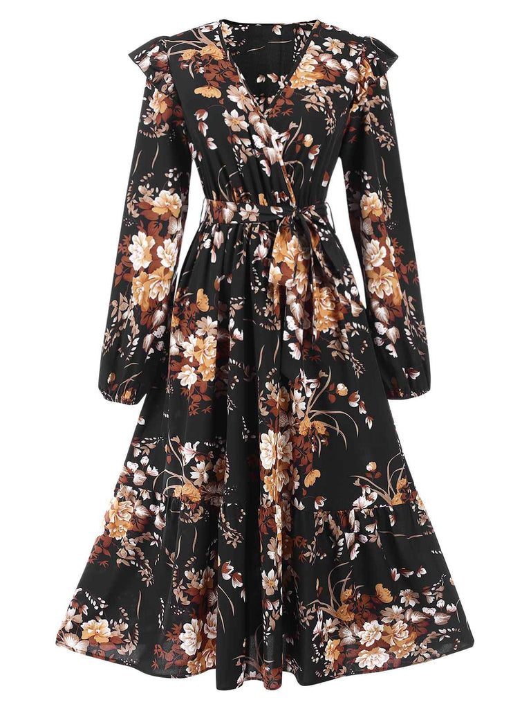 1940s Floral Print V-Neck Wrap Long Sleeve Dress, vintage dress, retro fashion, floral print - perfect for women who love vintage and retro fashion