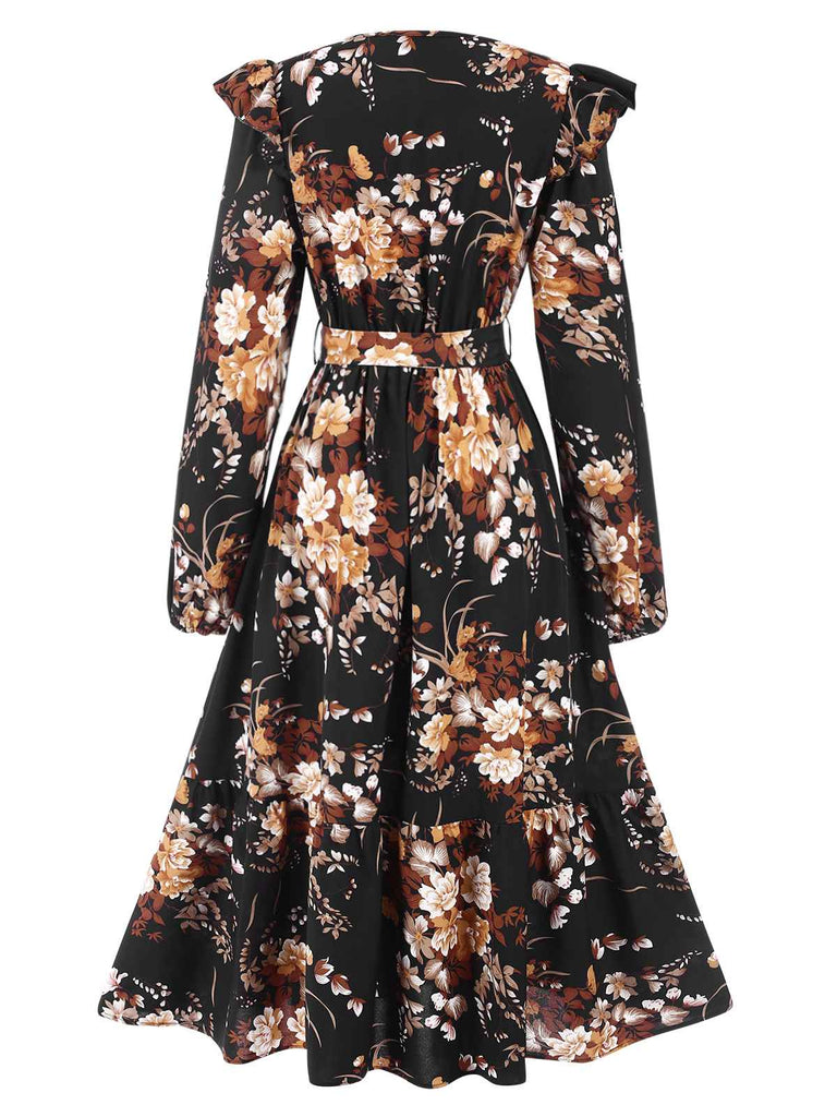 1940s Floral Print V-Neck Wrap Long Sleeve Dress, vintage dress, retro fashion, floral print - perfect for women who love vintage and retro fashion