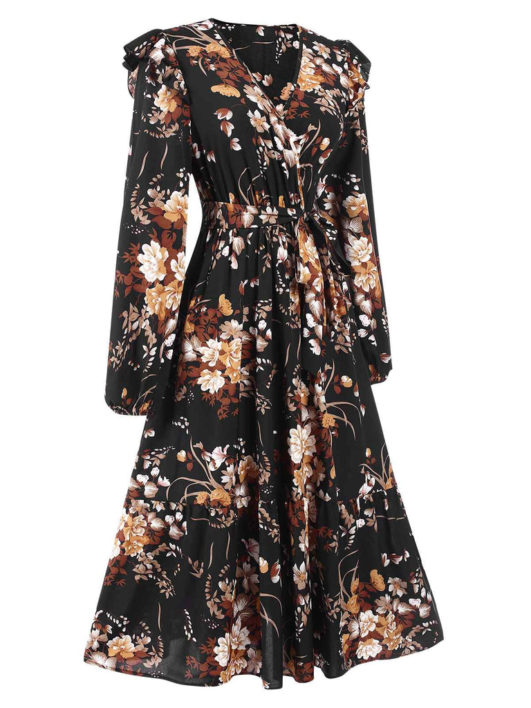 1940s Floral Print V-Neck Wrap Long Sleeve Dress, vintage dress, retro fashion, floral print - perfect for women who love vintage and retro fashion