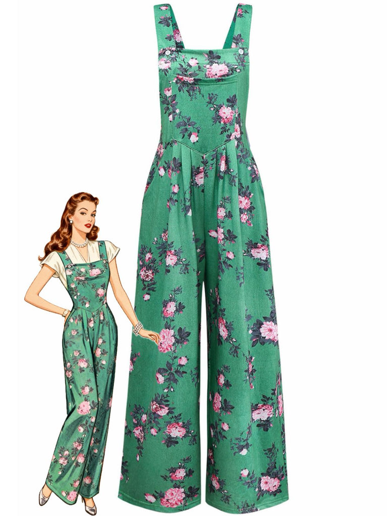 1940s Floral Print Wide-Legged Jumpsuit - vintage jumpsuit, retro fashion