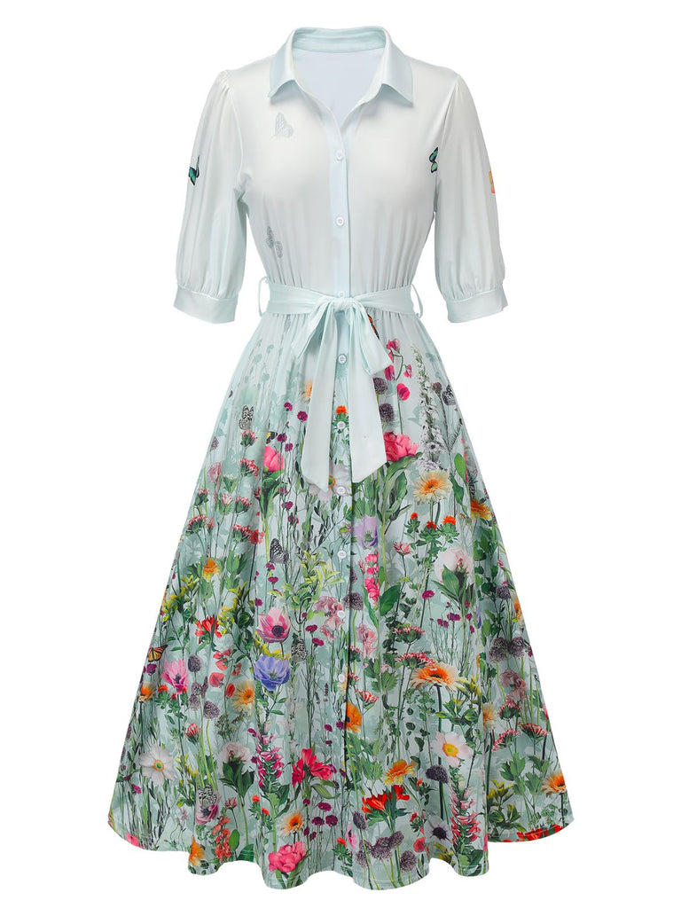 Women's Shirtwaist Floral Half Sleeve Midi Dress with Belt Light Blue Women's Shirtwaist Floral Half Sleeve Midi Dress with Belt Light Blue