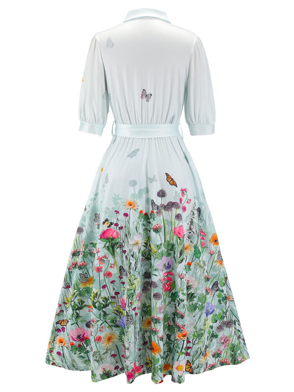 Retro Stage Floral Shirt Neck Belt Vintage Dress Light Blue