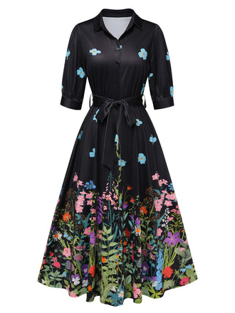 1940s Floral Shirt Neck Belt Dress | vintage dress, retro fashion, elegant style - perfect for retro fashion enthusiasts