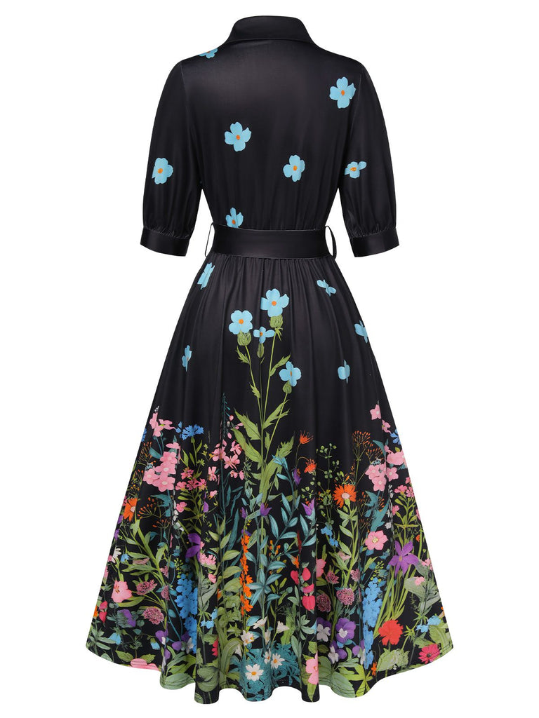 Women's Shirtwaist Floral Half Sleeve Midi Dress with Belt Light Blue Women's Shirtwaist Floral Half Sleeve Midi Dress with Belt Light Blue