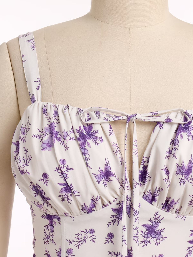 1940s Floral Spaghetti Strap Tie-Front Chiffon A-Line Dress - vintage dress, retro fashion, floral print for vintage lovers