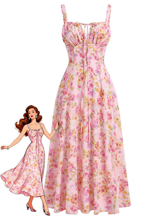 1940s Floral Spaghetti Strap Tie-Front Chiffon A-Line Dress, vintage dress, retro fashion, floral print - perfect for women who love vintage and retro fashion