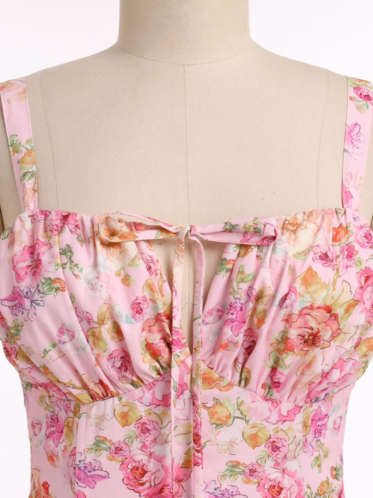 1940s Floral Spaghetti Strap Tie-Front Chiffon A-Line Dress 1940s Floral Spaghetti Strap Tie-Front Chiffon A-Line Dress