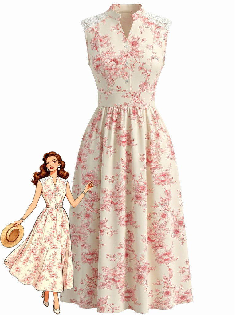 1940s Floral Stand Collar Lace Midi Dress